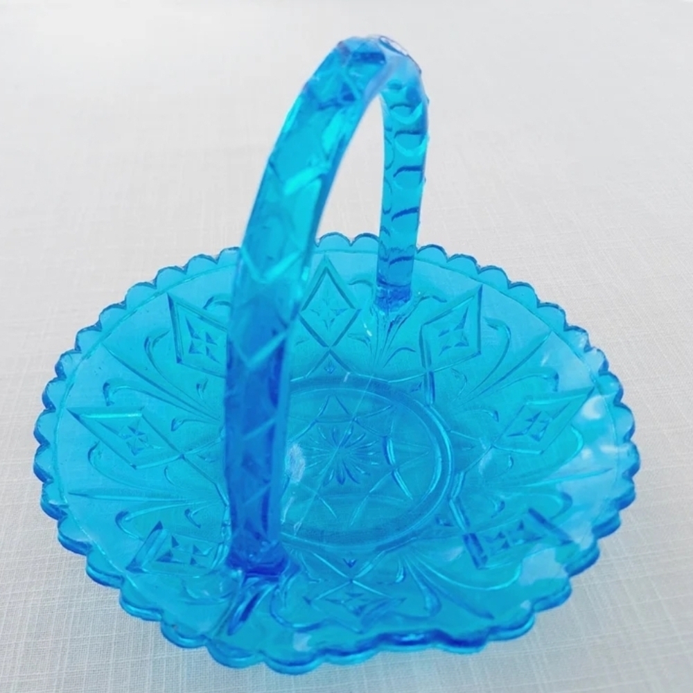 Turquoise Blue Glass Basket with Handle Colorful Vintage Home Decor